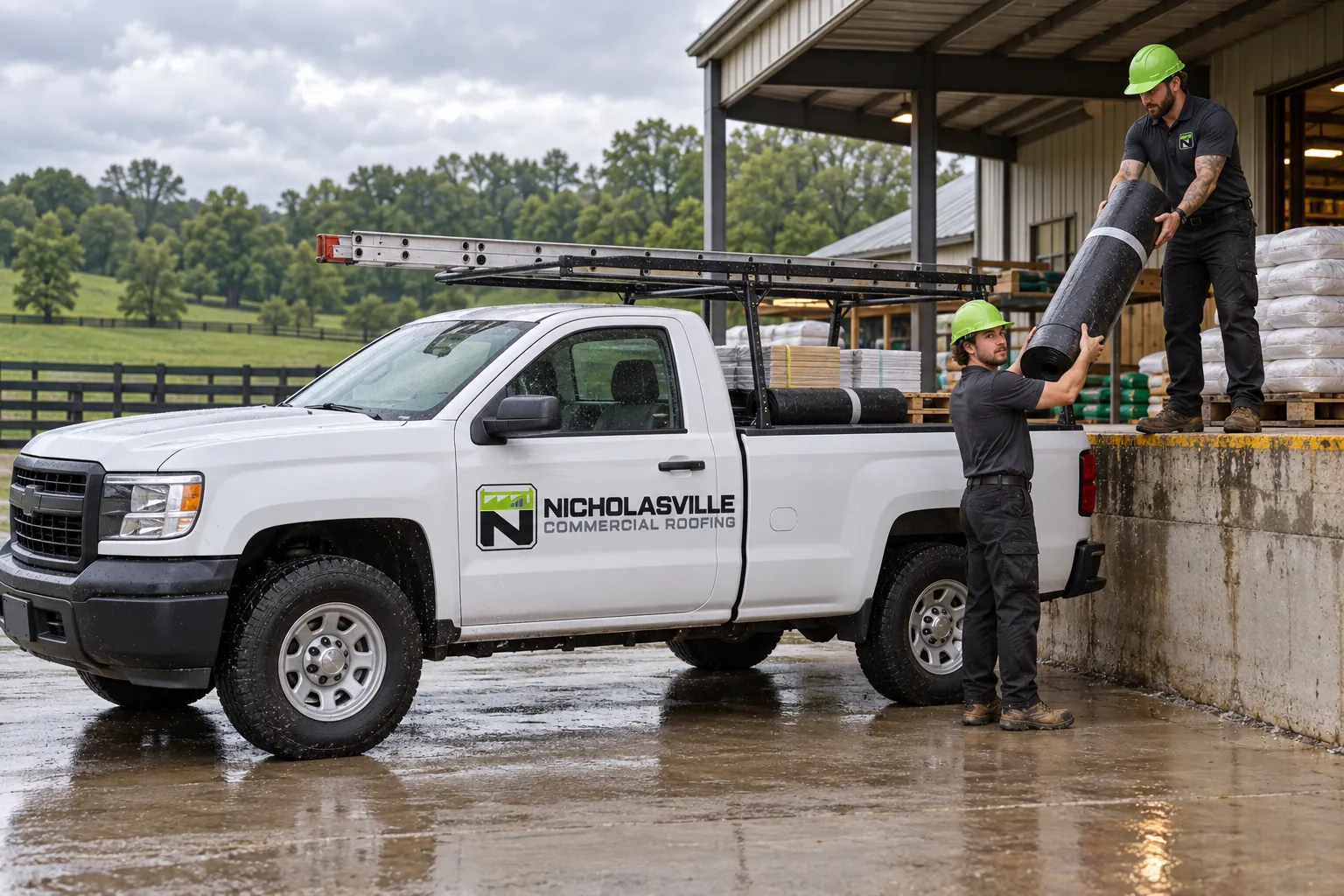 Roofing work truck staged beside a commercial building