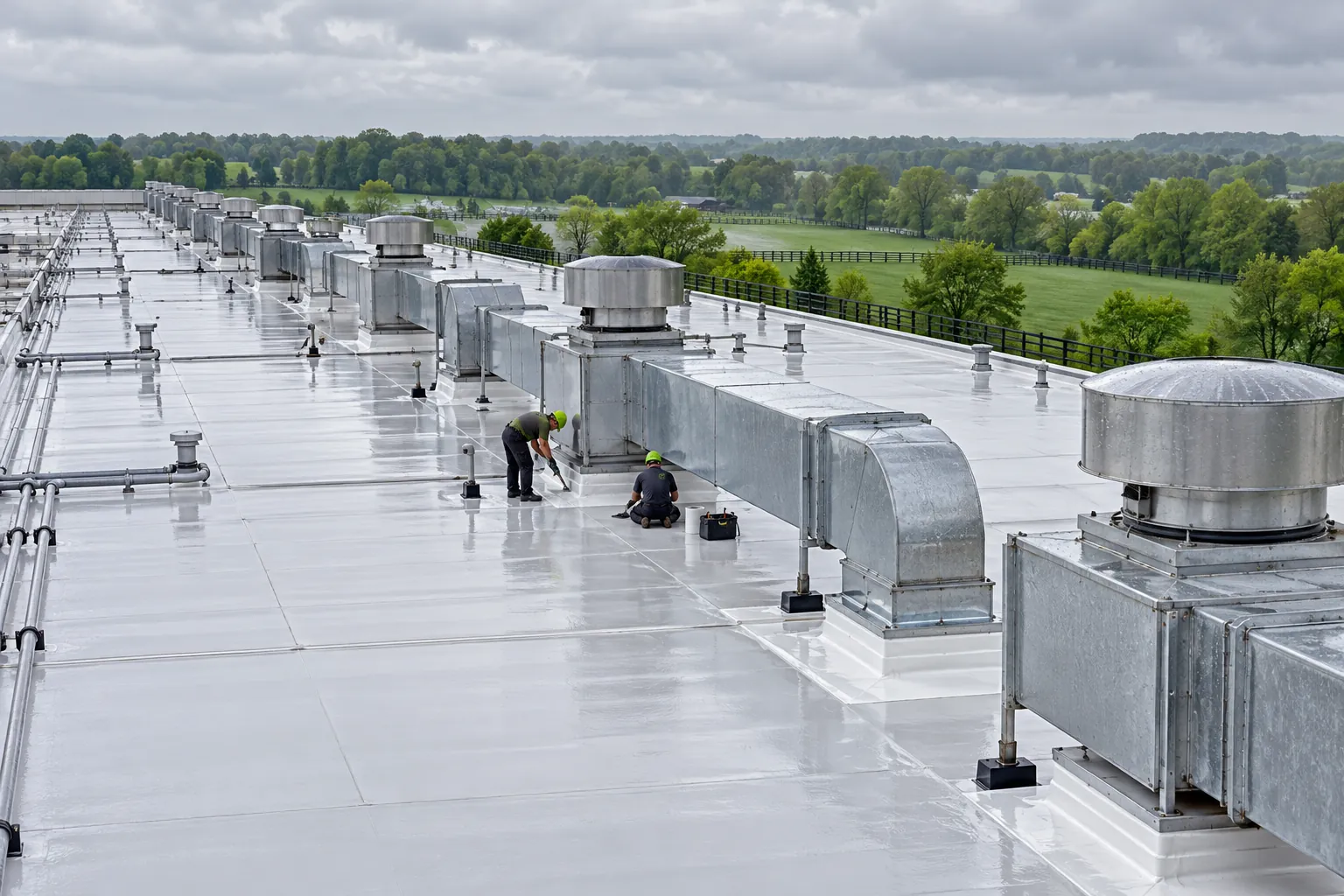 Aerial view of roofing work on a large industrial roof
