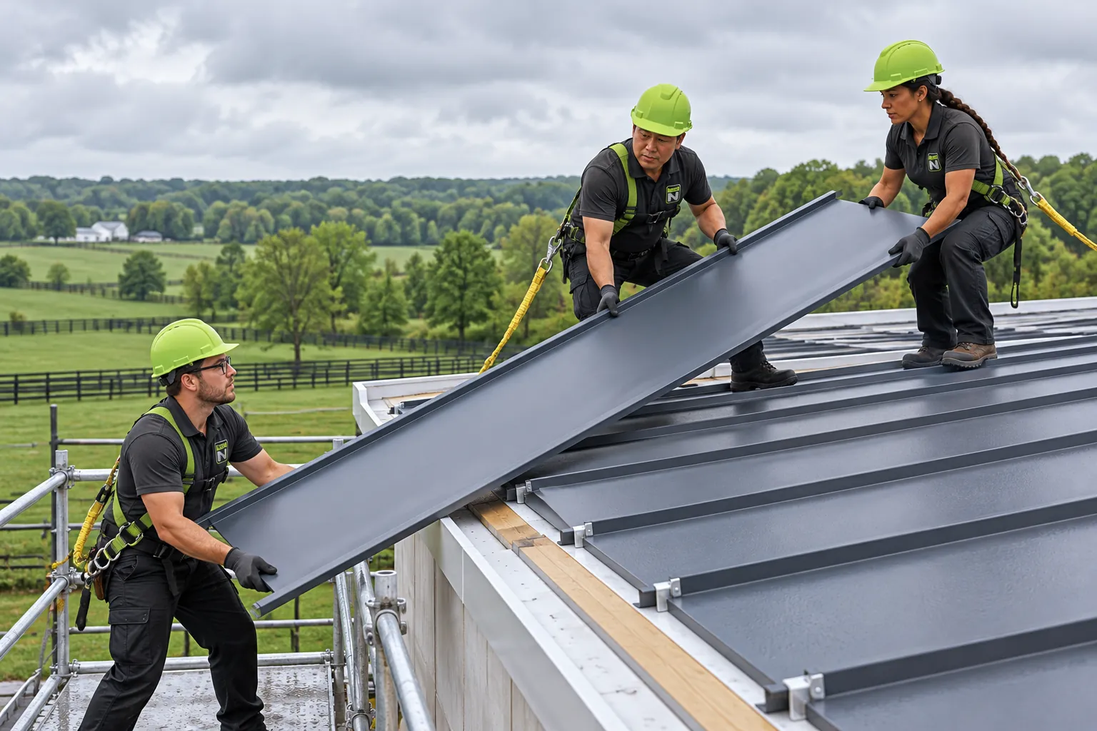 Roofers working on metal roof panels on a commercial building